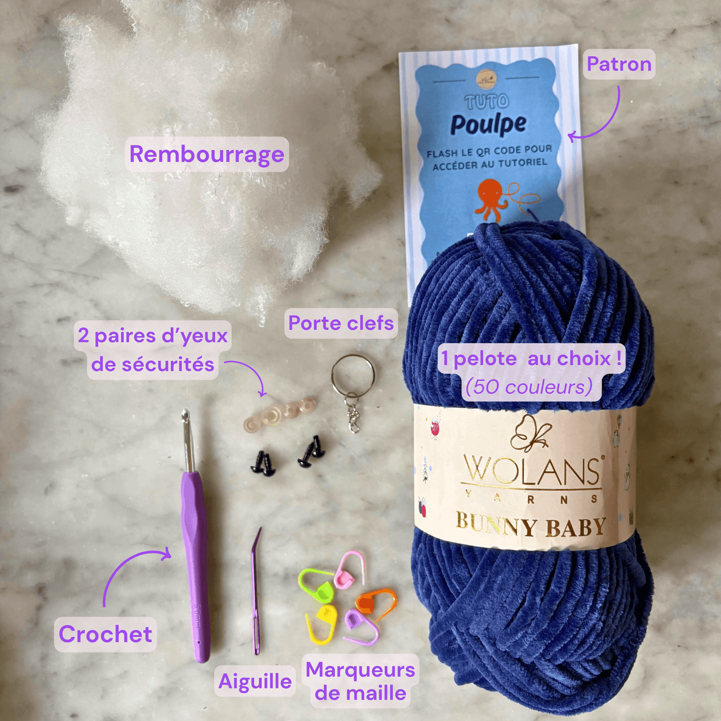 Kit - Poulpe au crochet en fil chenille pour débutant LilyWools - Amigurumis et Crochets